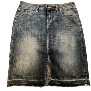 GAP Denim Skirt Raw Hem Mid Wash Stretch Jean Skirt | Unhemmed Style Size 8